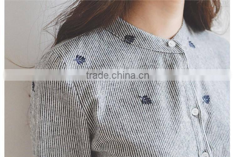 100 cotton comfortable long sleeve leaves Embroidery striped shirts for women stand collar shirts