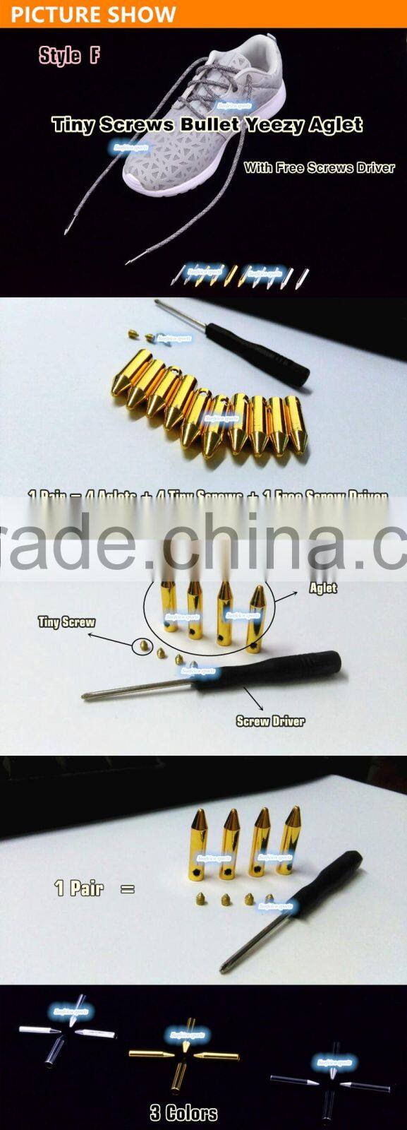 Metal Bullet Aglets Shoe Laces Tips DIY Screw On Replacement with Free Screwdriver - 26 mm Cylinder Shoelace Aglet - 3 Colours