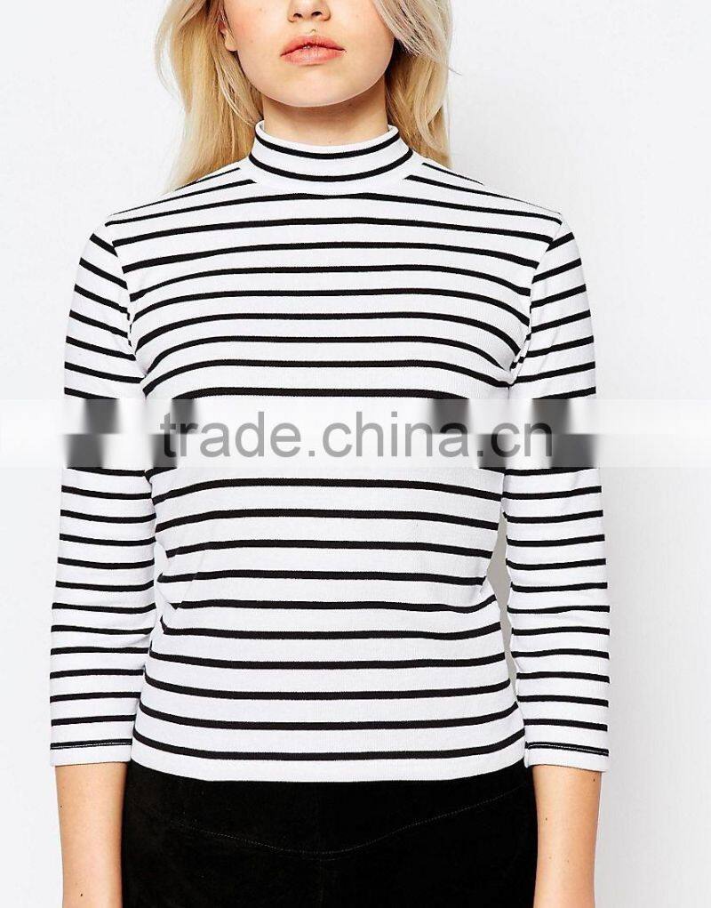 New design simple fashion stripe roll neck 3/4 sleeve t- shirt for lady