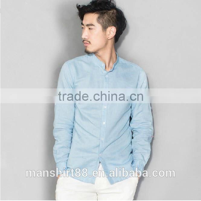 rolled sleeve mandarin collar hemp linen shirt for men