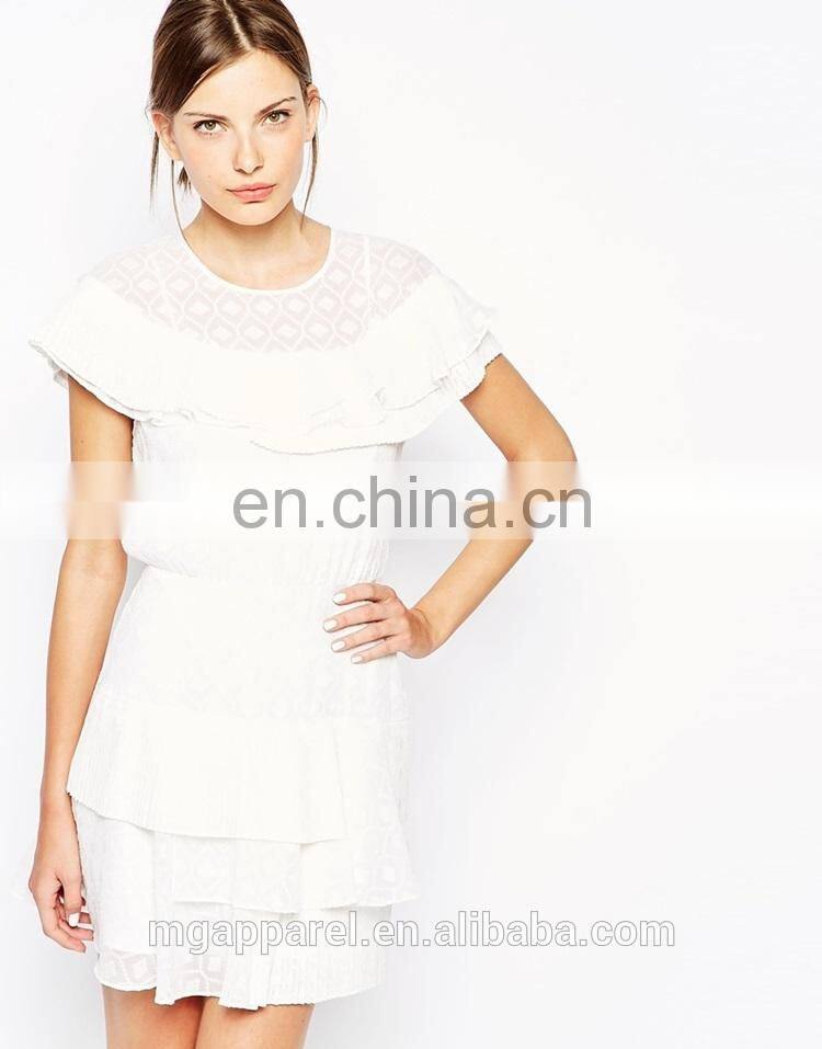 OEM wholesale 100% Polyester cap sleeve white lace cocktai dress