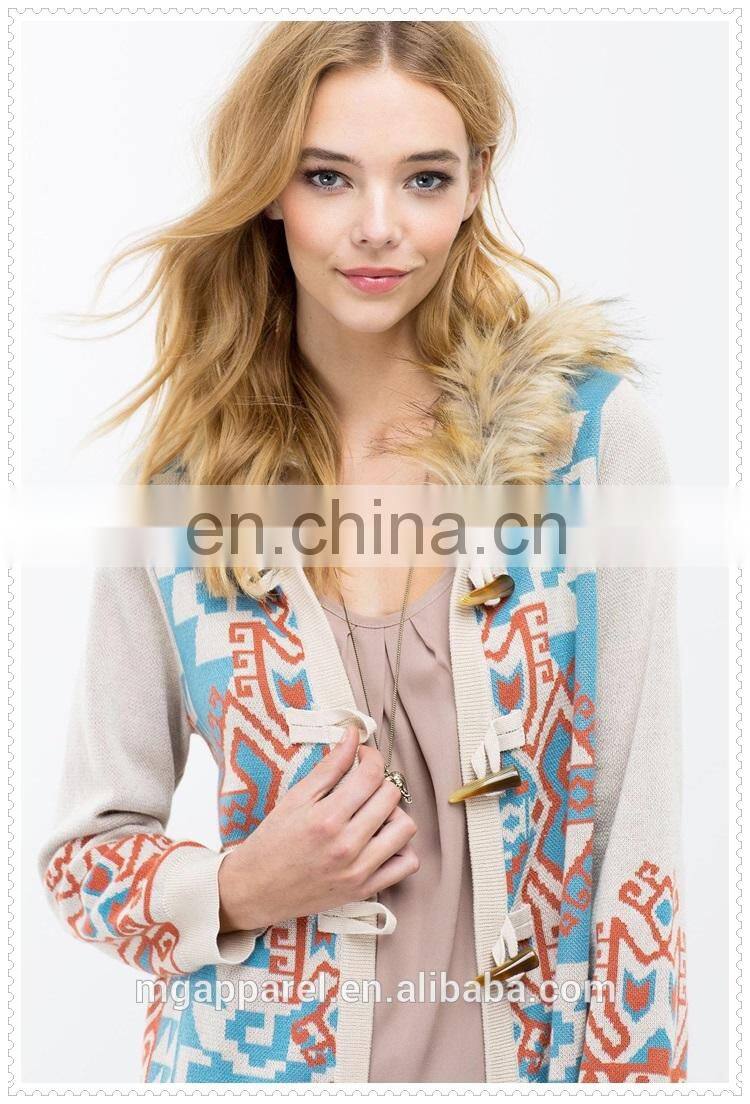 Glamour women clothes geo printed fur trim sweater cardigan with fur trimmed hoodie