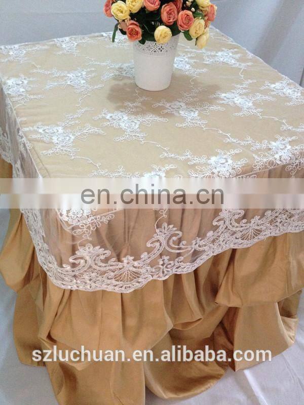 Champagne Satin and Lace Banquet Gathered Table Skirts