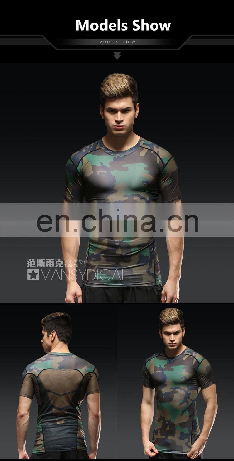 2015 New Model Men Compression T-shirts With Brand Logo Camouflage Dry Fit Sportswear Wholesale