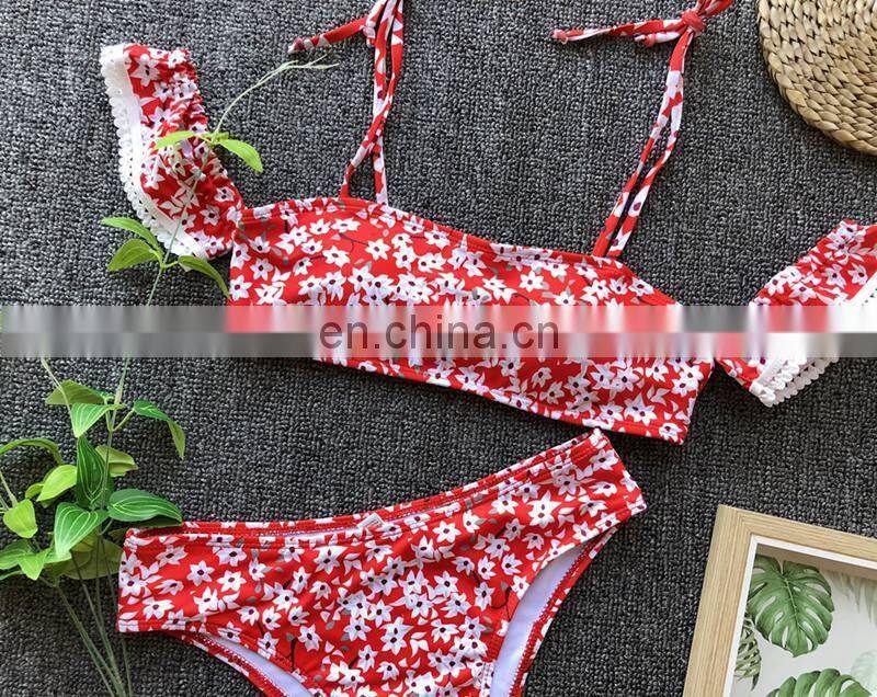2019 Sexy High Waist Swimsuit Women Lace Bikini Off Shoulder Bikinis Swimwear Red Print Biquini Bathing Suit Beachwear