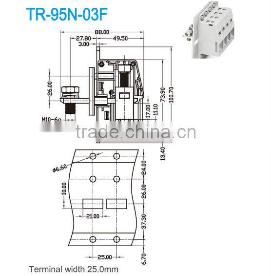 Through Panel Terminal Block Pitch 25.00mm 600V 230A High Current