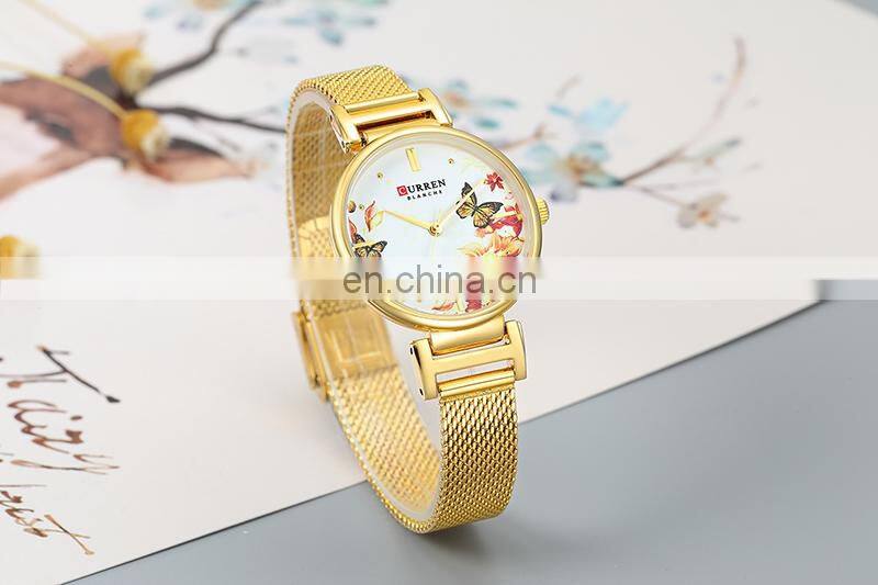 CURREN 9053 Women Charm Fashion Thin Quartz Watches Unique Flower Dial Simple Ladies Dress Bracelet Wristwatch