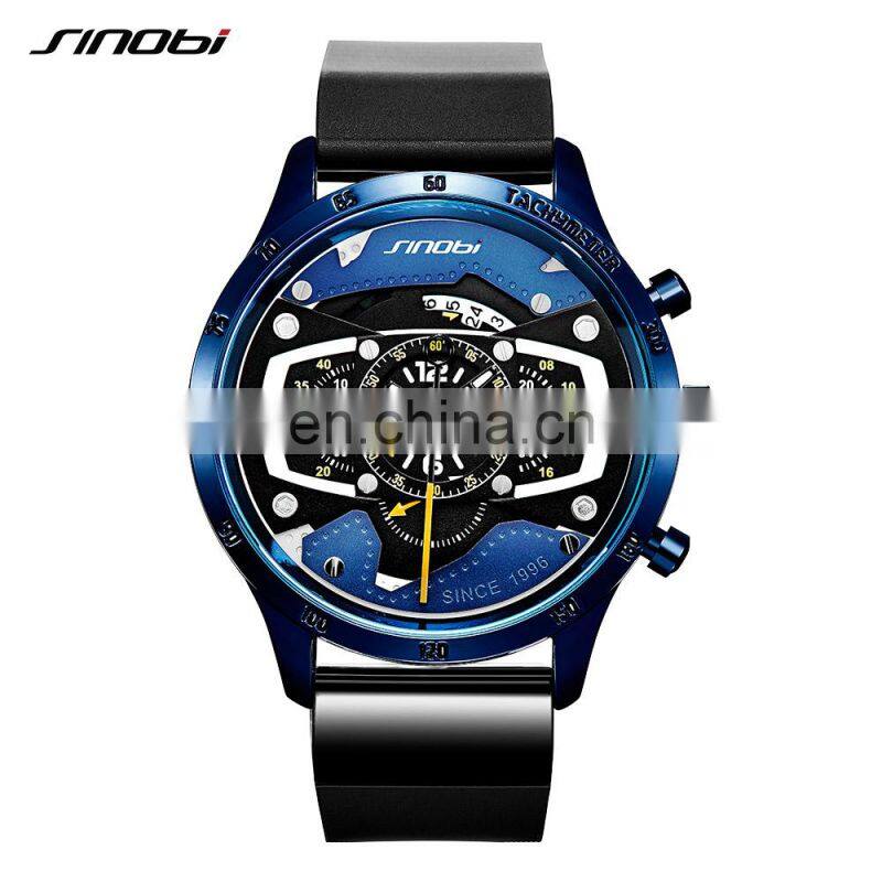 SINOBI Masculine Big Dial Wristwatch S9789G Silicone Band Black Chronograph Watch Multi Function Youth Men Watch