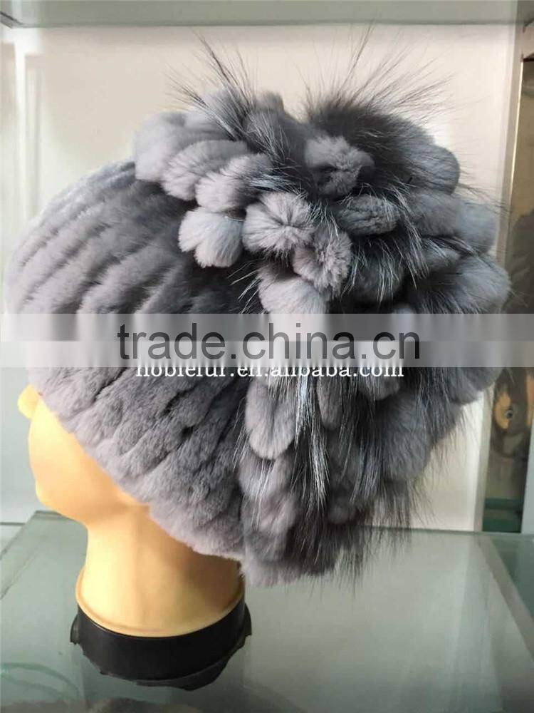 2015 best quality Korean style rex rabbit Hat with fox fur pompom