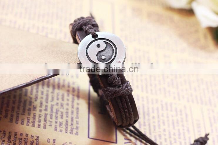 TaiChi Bracelet Genuine Leather bracelet With Engraved Alloy Charm