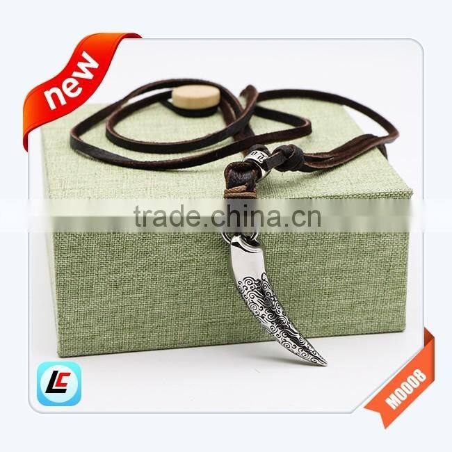 Chocolate Color Mens Leather Necklace Jewelry with Steel Horn Style Pendant