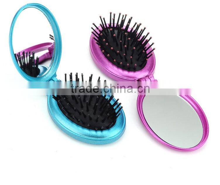 New Girls Travel Folding Hair Brush With Oval Mirror Pocket Size Comb