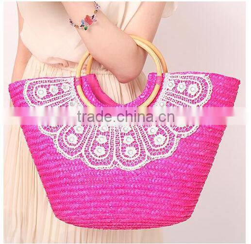 cheap price and low MOQ fashion ladies OEM paper straw summer beach bags with handles