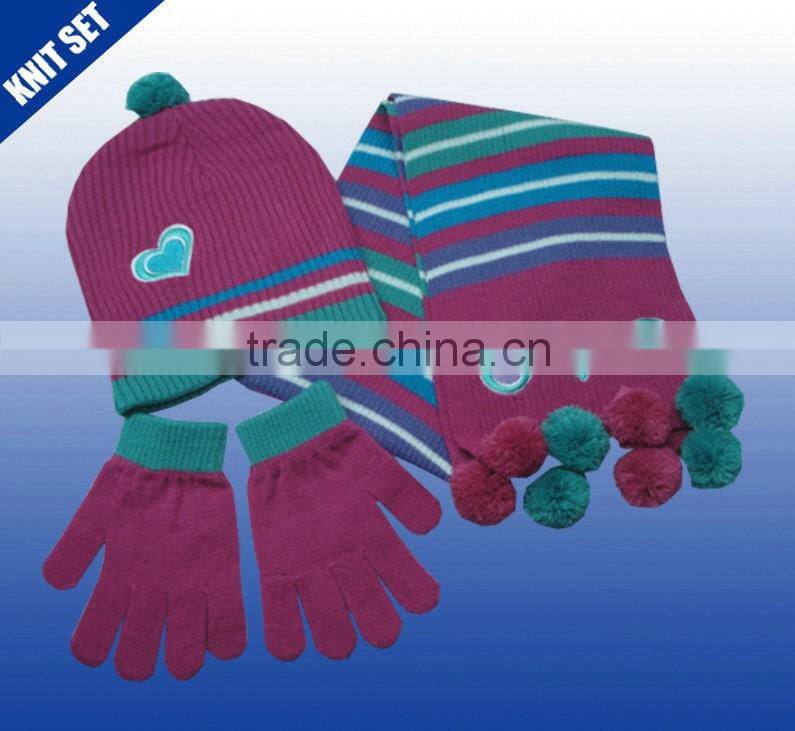 Kids100% acrylic winter knitted hat scarf glove