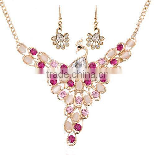 Personalized fashion opal peacock necklace and earrings jewelry sets decorated with rhinestone