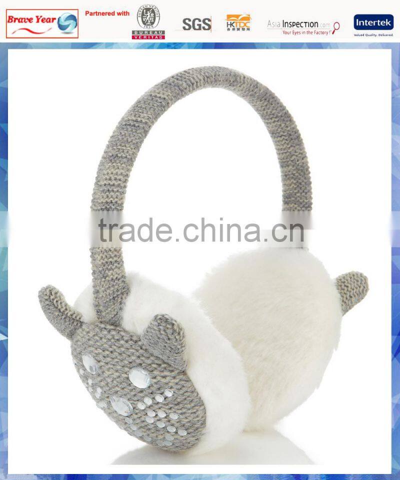 young girls jewel cat knitted earmuff with fluffy lining