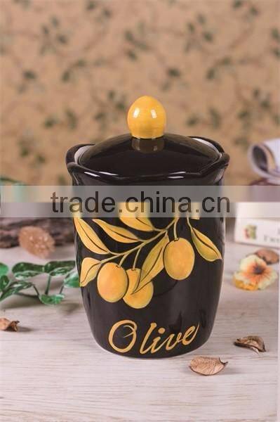 Wholesale Black Ceramic Food Container with Yellow Olive Handpaint