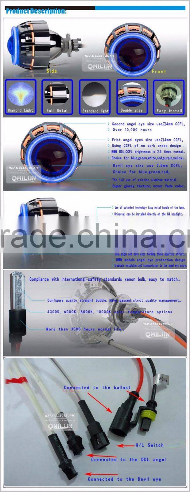 3 inch bi xenon HID Projector Lens with double angel halo ring