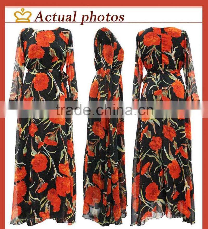 2016 new spring Couture high-end big long sleeved printed chiffon dress