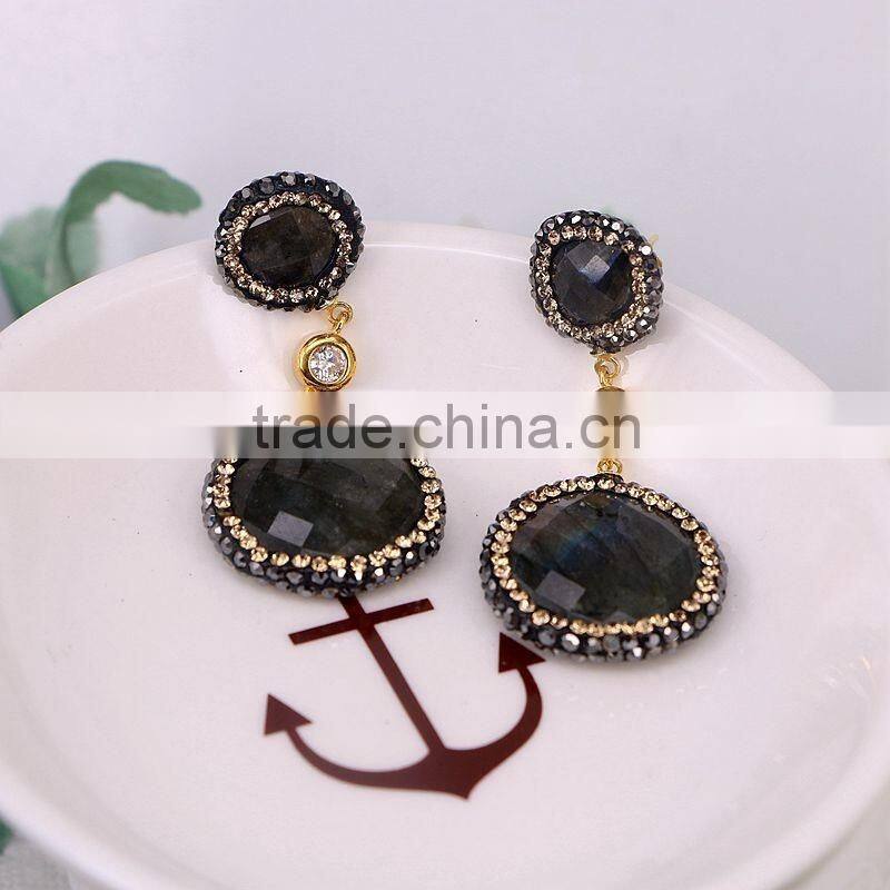 Natural Turquoise Labradorite Gem Stone Druzy Earring, Round Shape Pave Crystal Zircon Jewelry Stud Earrings