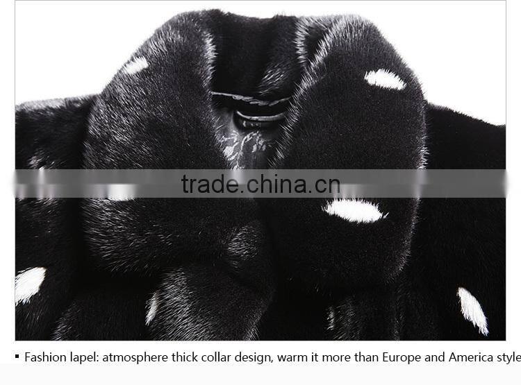 2015 new design custom black mink fur coat with white spot coat