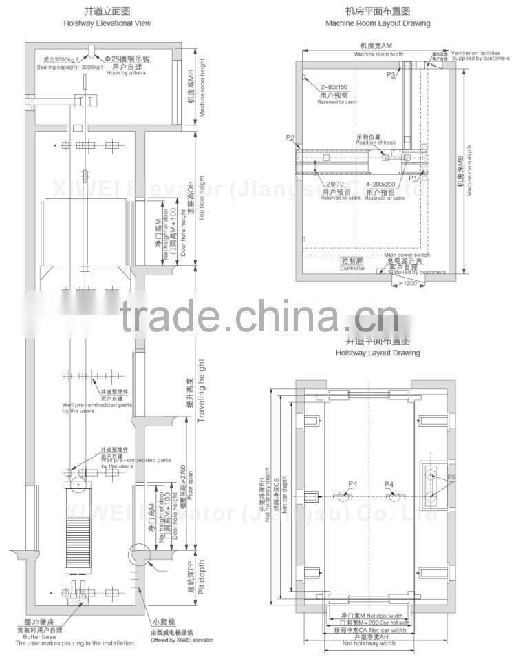 3000kg machine room car elevator with 0.5m/s