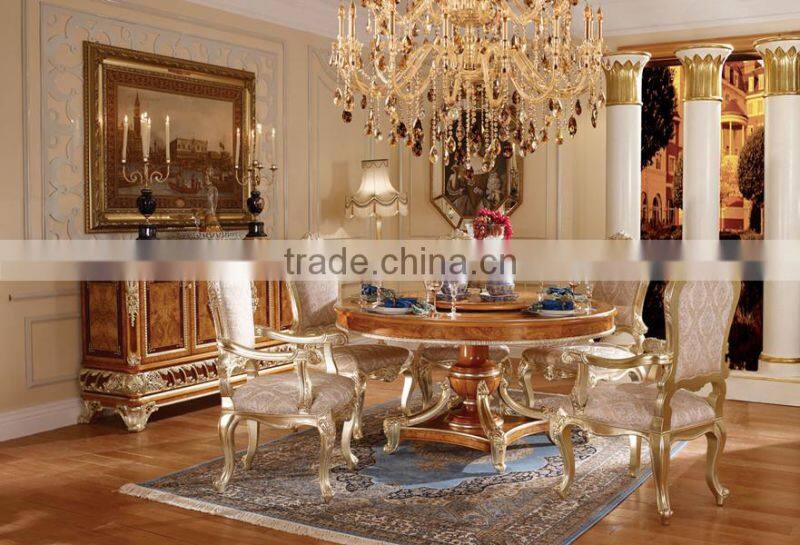 Luxury Vitoria Style Gold Leaf Dining Room Furniture, Baroque Palace Style Marquetry Round Dinning Table With Chairs