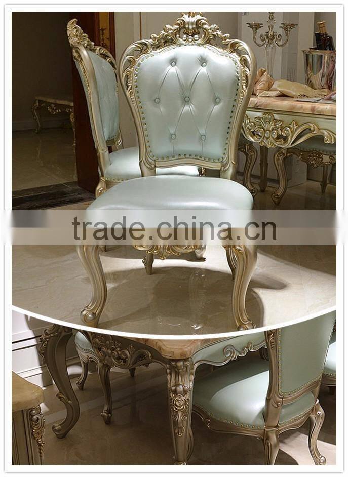Retro Design Dinning Room Furniture Set, Gold Painting Rectangular Dinning Table For Six, Hand Carved Wooden Dinner Chair