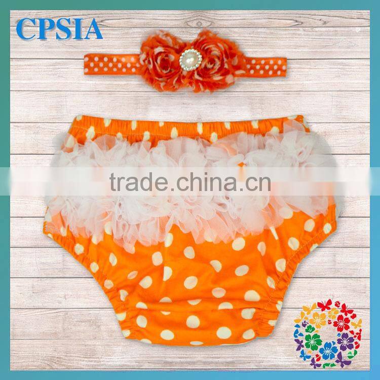 orange white polka dot cotton ruffle shorts with flower headband newborn baby bloomers wholesale