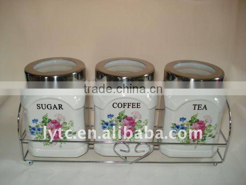 Fine kitchen accessory ceramic canister set with iron rack