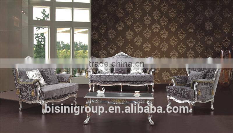 European Delicate Silver-foiled Wood Carved Sectional Sofa Set, Living Room Exquisite Fabric Sofa