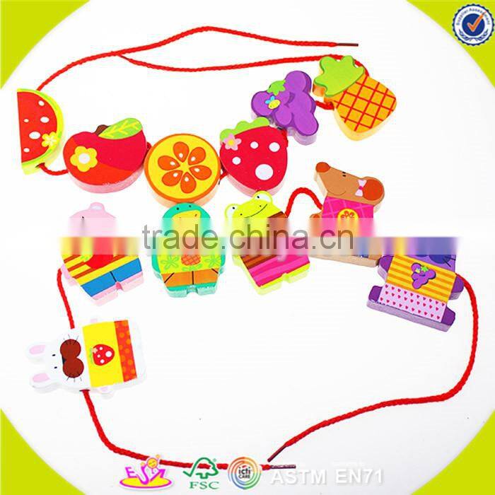 wholesale wooden happy threading toy for Kids, beautiful DIY wooden multitype blocks threading toy for children W11E041