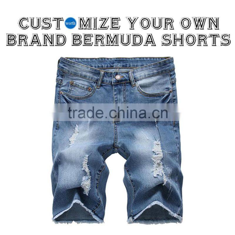 Men Shorts Jeans Ripped Slim Fit Casual Denim Short with Custom Labeling