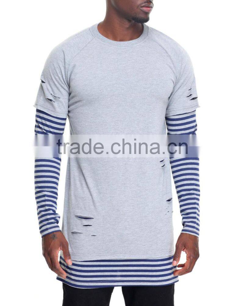 Crew neck tees sleeve color block Stripe Layer men's longline t shirt