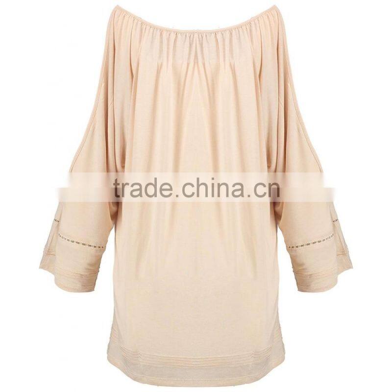Brand Customzied Linen Plain Beige Blouses Tops For Ladies Casual Cotton Crochet Cold Shoulder Tops
