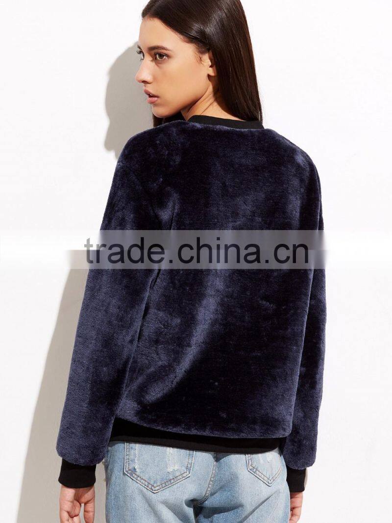 Navy Velvet Embroidered Sweatshirt Long Sleeve100 Cotton Frech Terry Custom Embroidery Sweatshirt Vintage Winter Coats