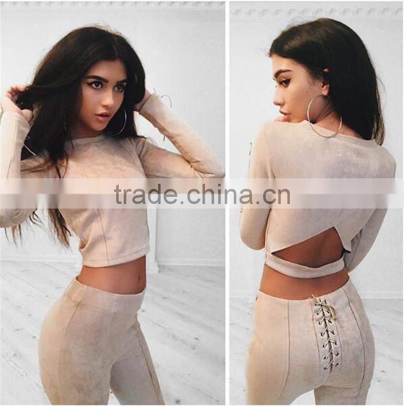 Runwaylover 074 New Style 2017 Ladies Fashion Two Piece Suits , Women Suede Crop Top And Tight Pants