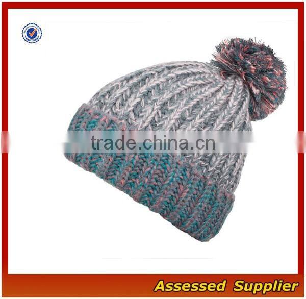 High quality hand-knitted winter cap thick knitting wool beanie hat with pom pom