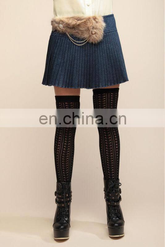 2013 ladies rabit fur chain ornament pleated mini A-line skirt