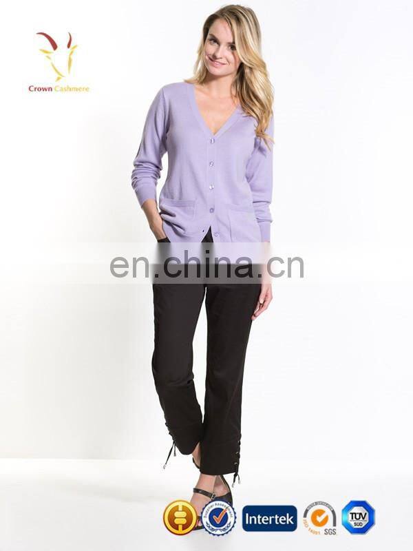 women v neck computer knit purple cardigan sweater with buttons
