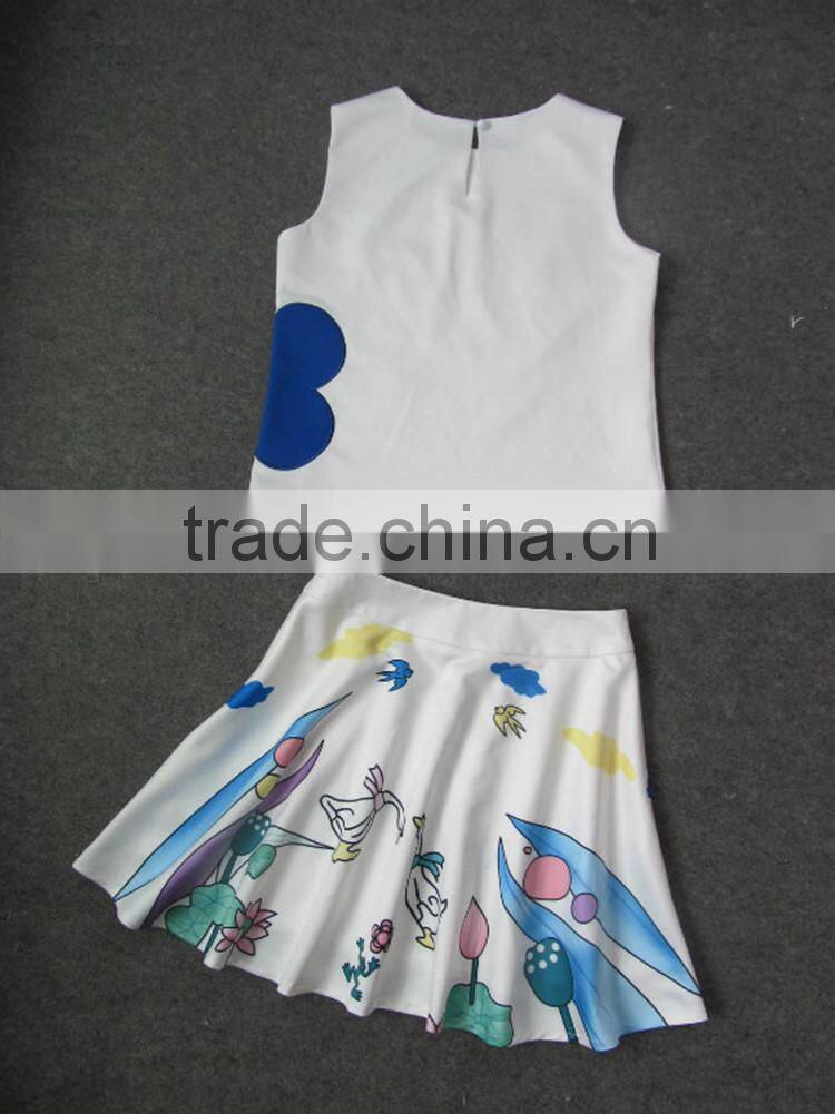 2014 Famous brand early autumn fashion style sleeveless swan printed women 2 pieces dress suits wholesale I17063