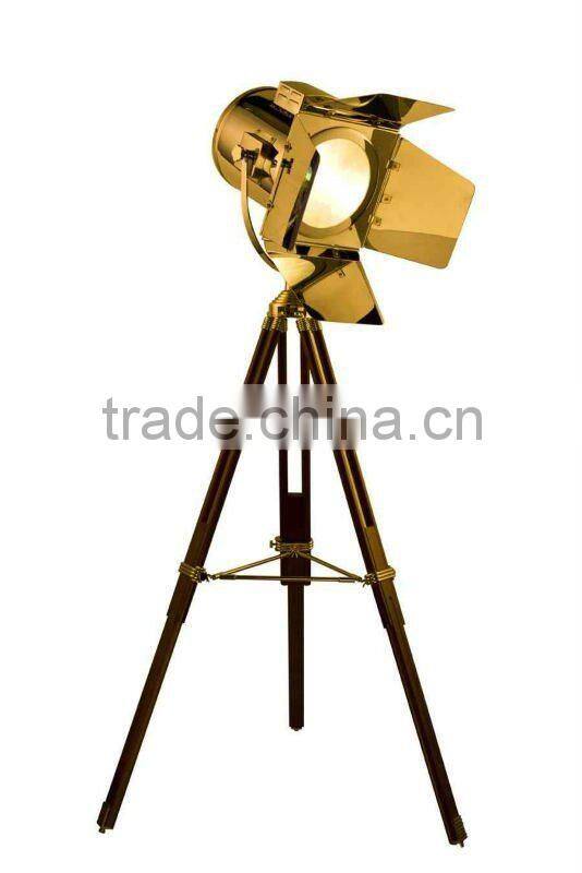 Black marine floor lamp with stainless steel shade and beech wood base