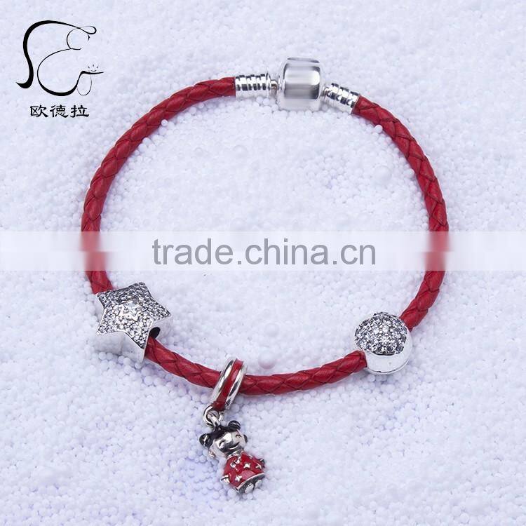 EULNY Wholesale 925 Sterling Silver slasp Chinese new year 3mm Leather bracelet