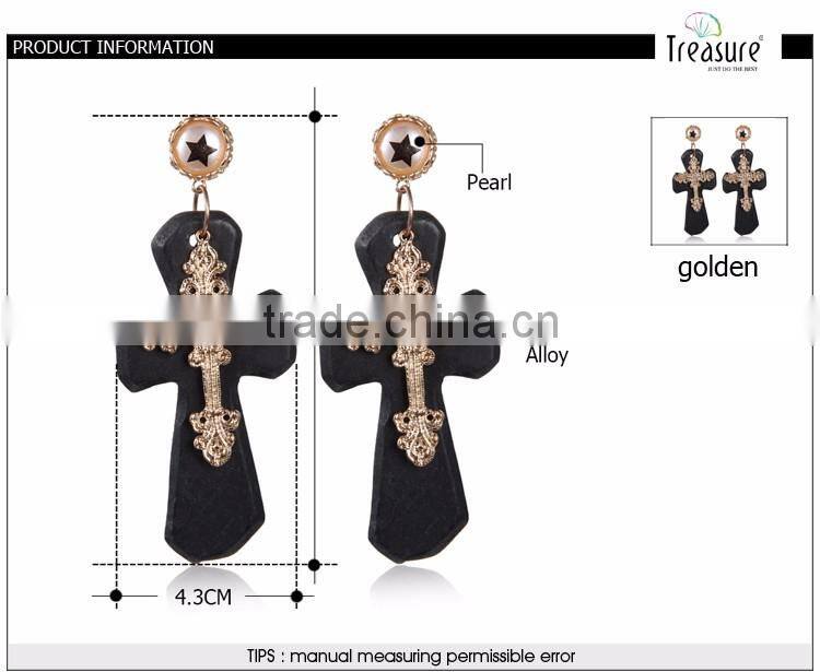 Fashion jewelry hot selling big cross black sheet golden alloy drop earring