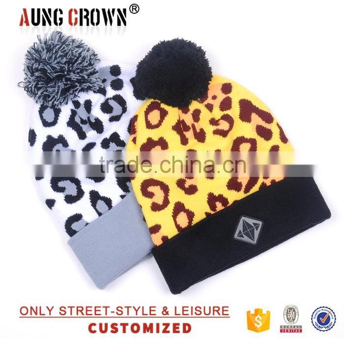 custom knitted cuff embroidery beanie hat/pom pom jacquard knitted hat