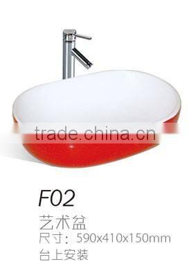 F05 Hot selling ceramic round bowl shape basin, colored basin white inside and red outside wash basin