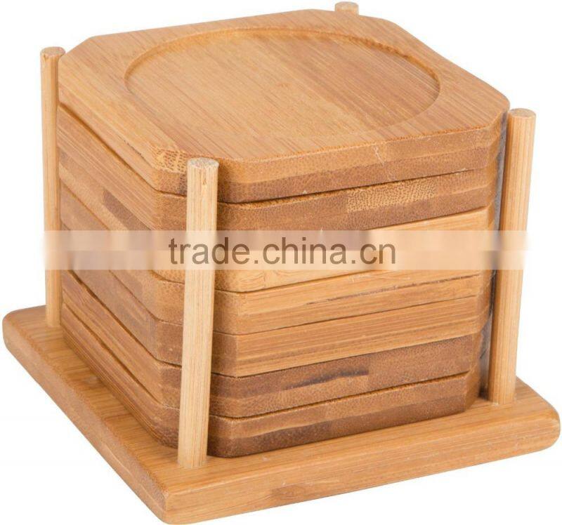 Natural Bamboo Coasters Set of 7 in Holder, Tableware Mats, Bamboo Cup Mats