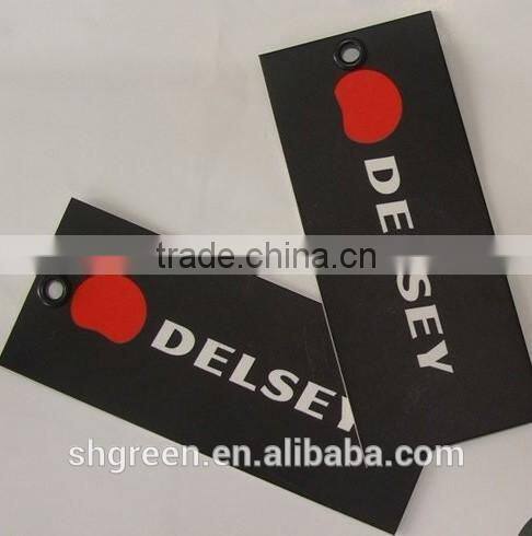 Center fold paper hangtag with plastic string tags for jeans denim