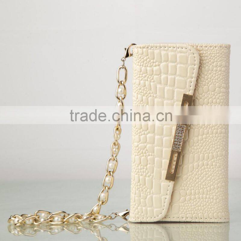 2015 latest design pearl chain tote bag design leather cell phone case for iphone 6