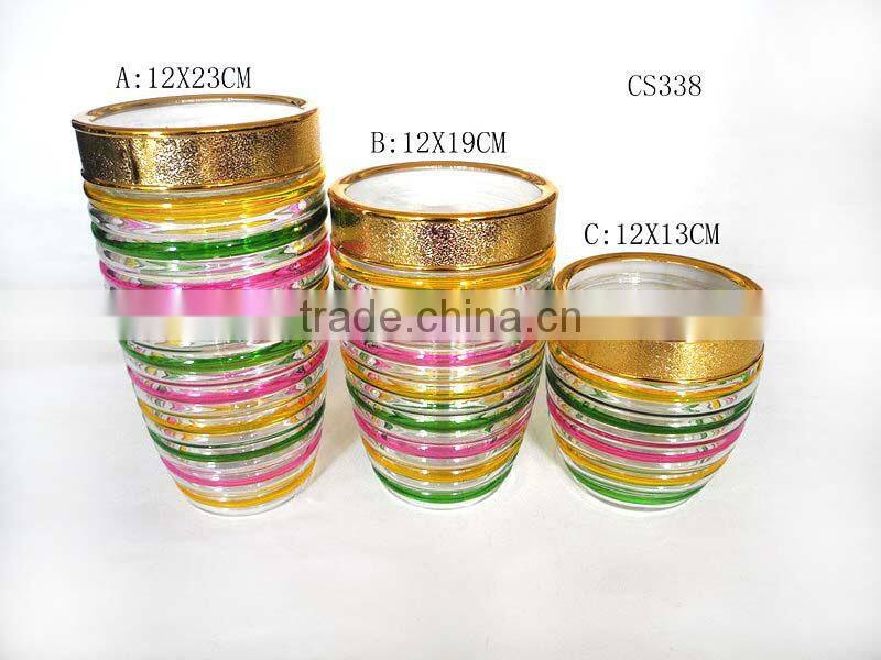 transparent cylinder wide mouth with hand painted stripes glass cookie jar